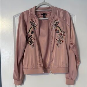 Aqua Pink Bomber Jacket with Floral Embroidery